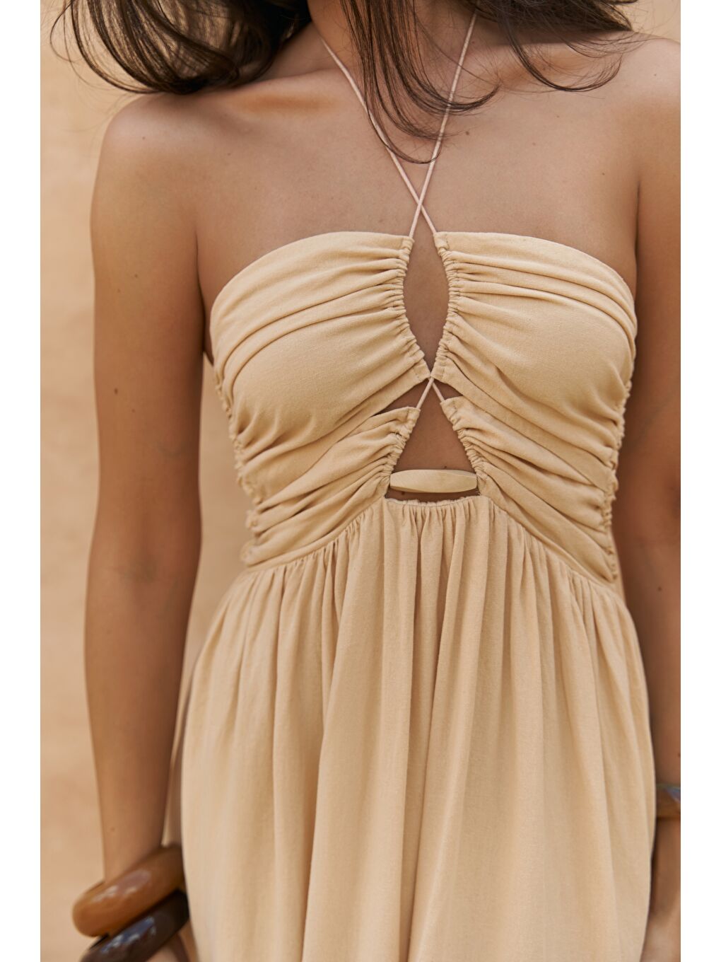 Burnika Boncuk Detay Sarı Keten Elbise-6