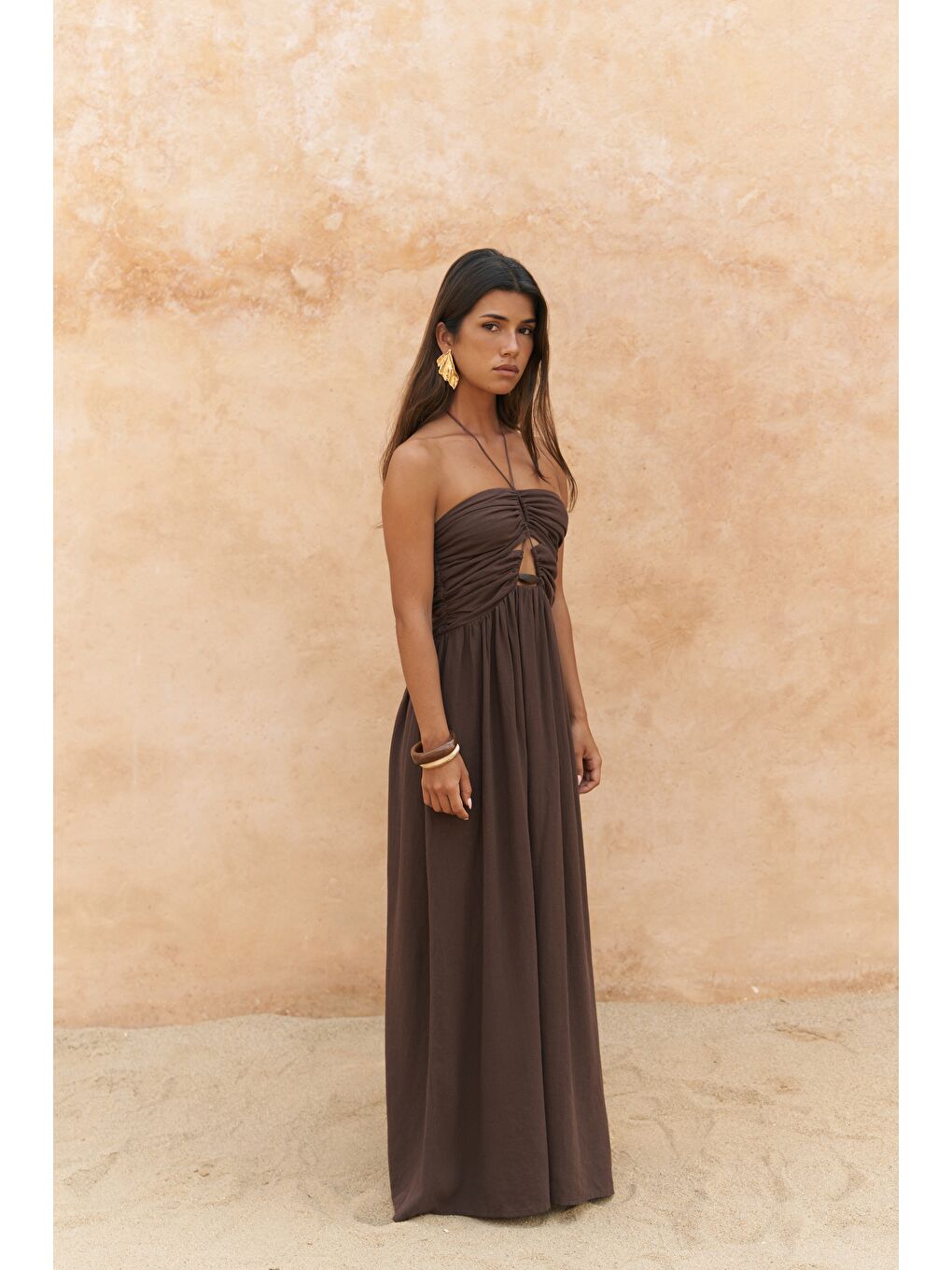 Kahverengi Burnika Boncuk Detay Kahve Keten Elbise-2