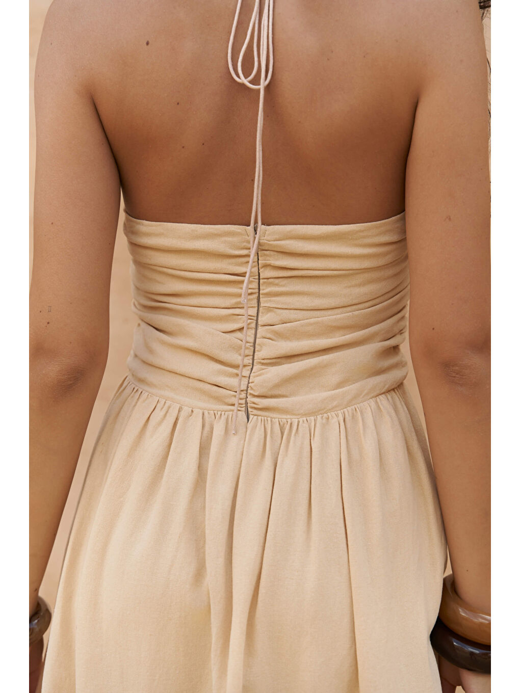 Burnika Boncuk Detay Sarı Keten Elbise-7