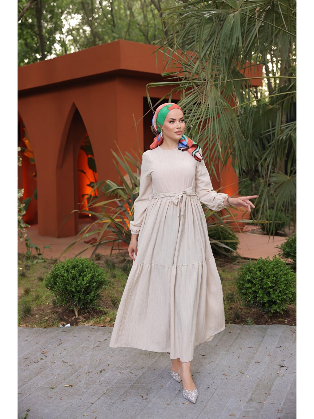 Ekru Kendinden Dokulu Elbise-2