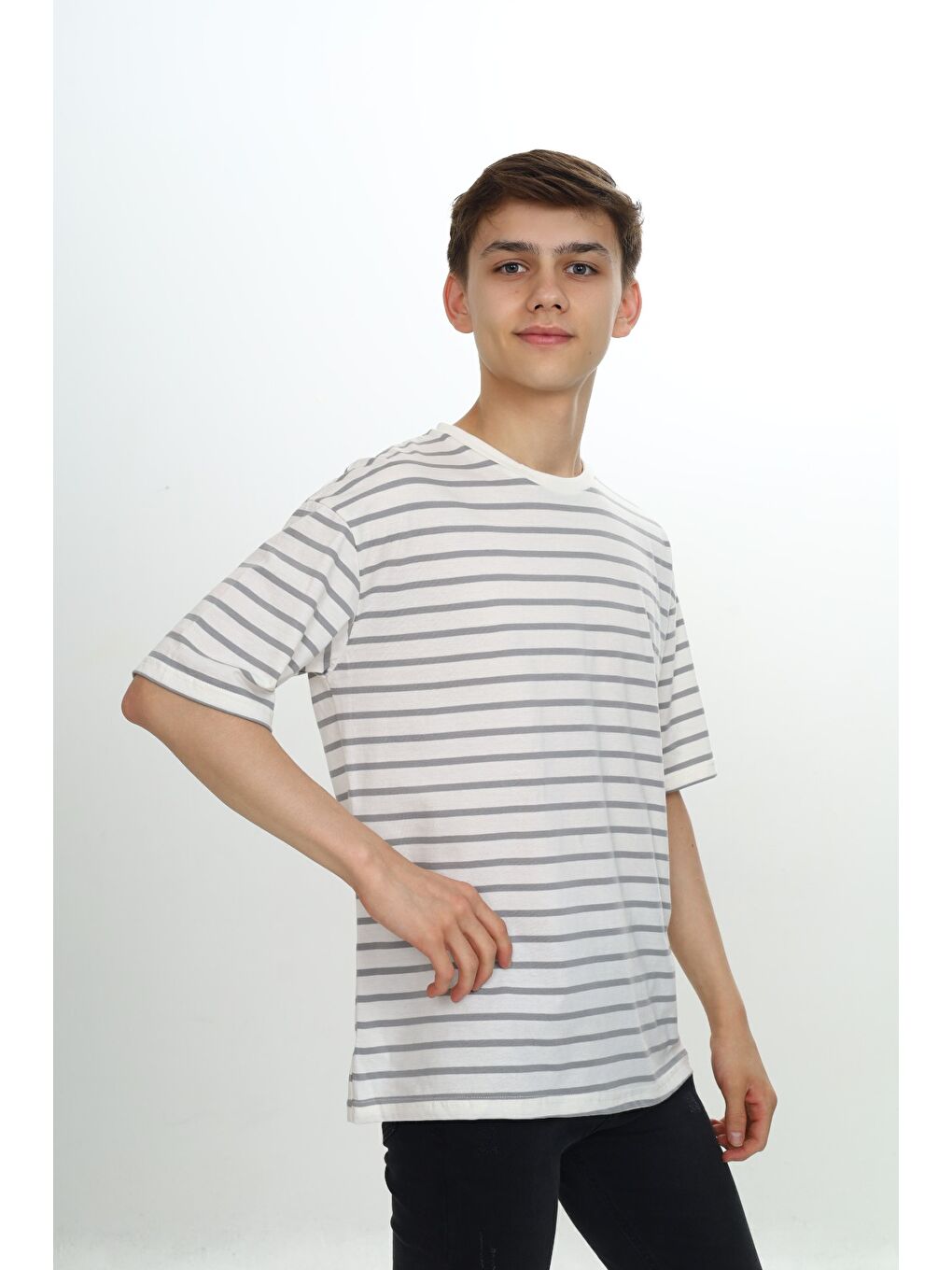 Gri Unisex Çocuk Çizgili Tişört-1