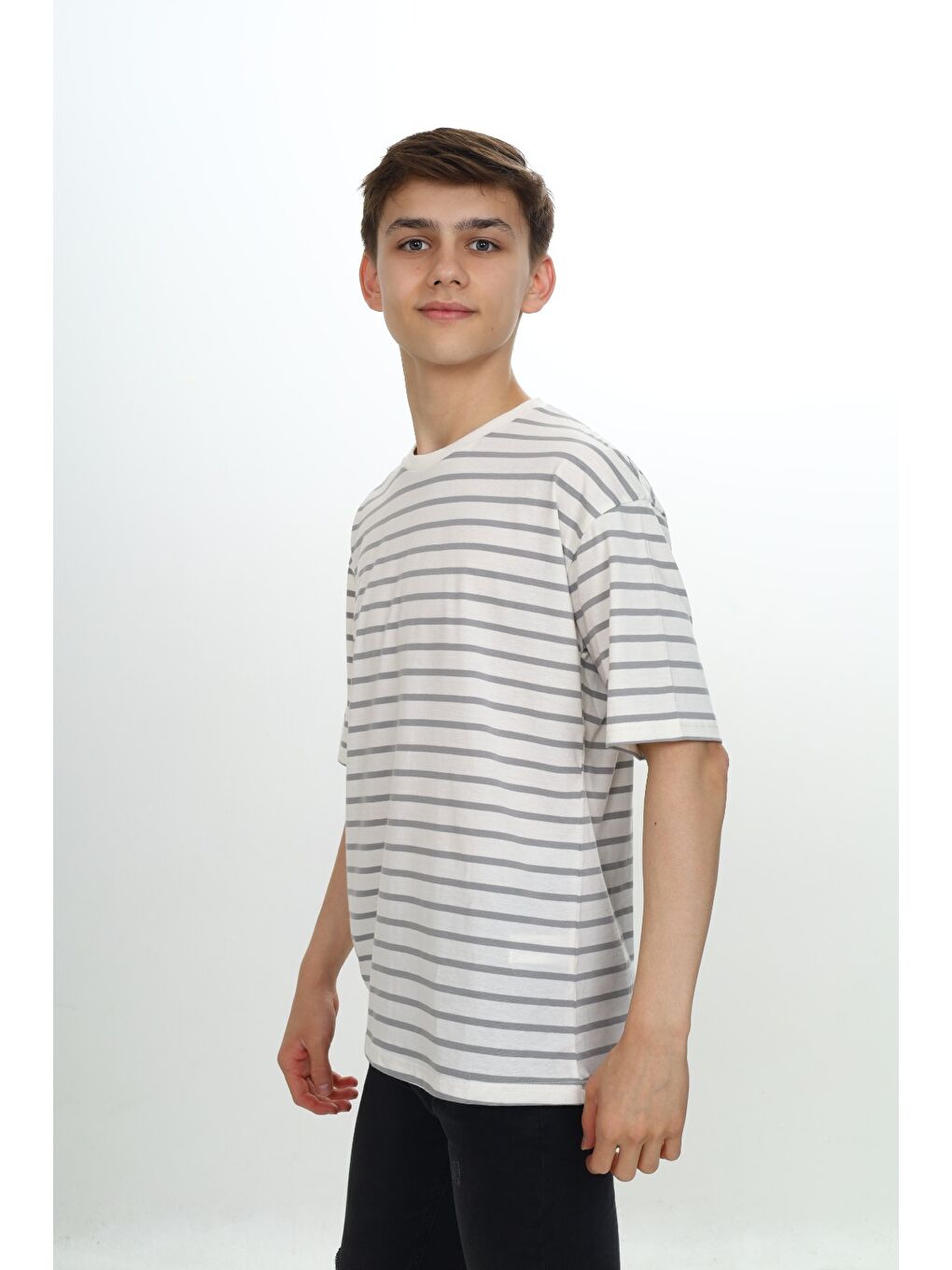 Gri Unisex Çocuk Çizgili Tişört-2