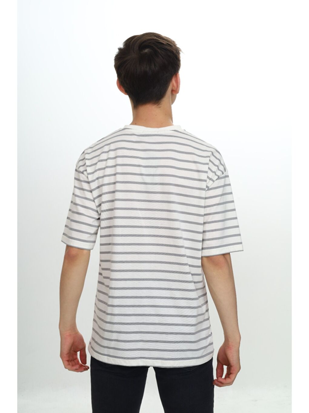 Gri Unisex Çocuk Çizgili Tişört-3