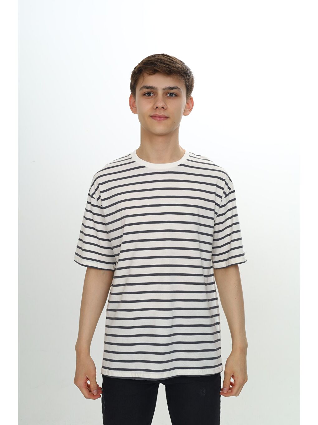 Beyaz Unisex Çocuk Çizgili Tişört-8