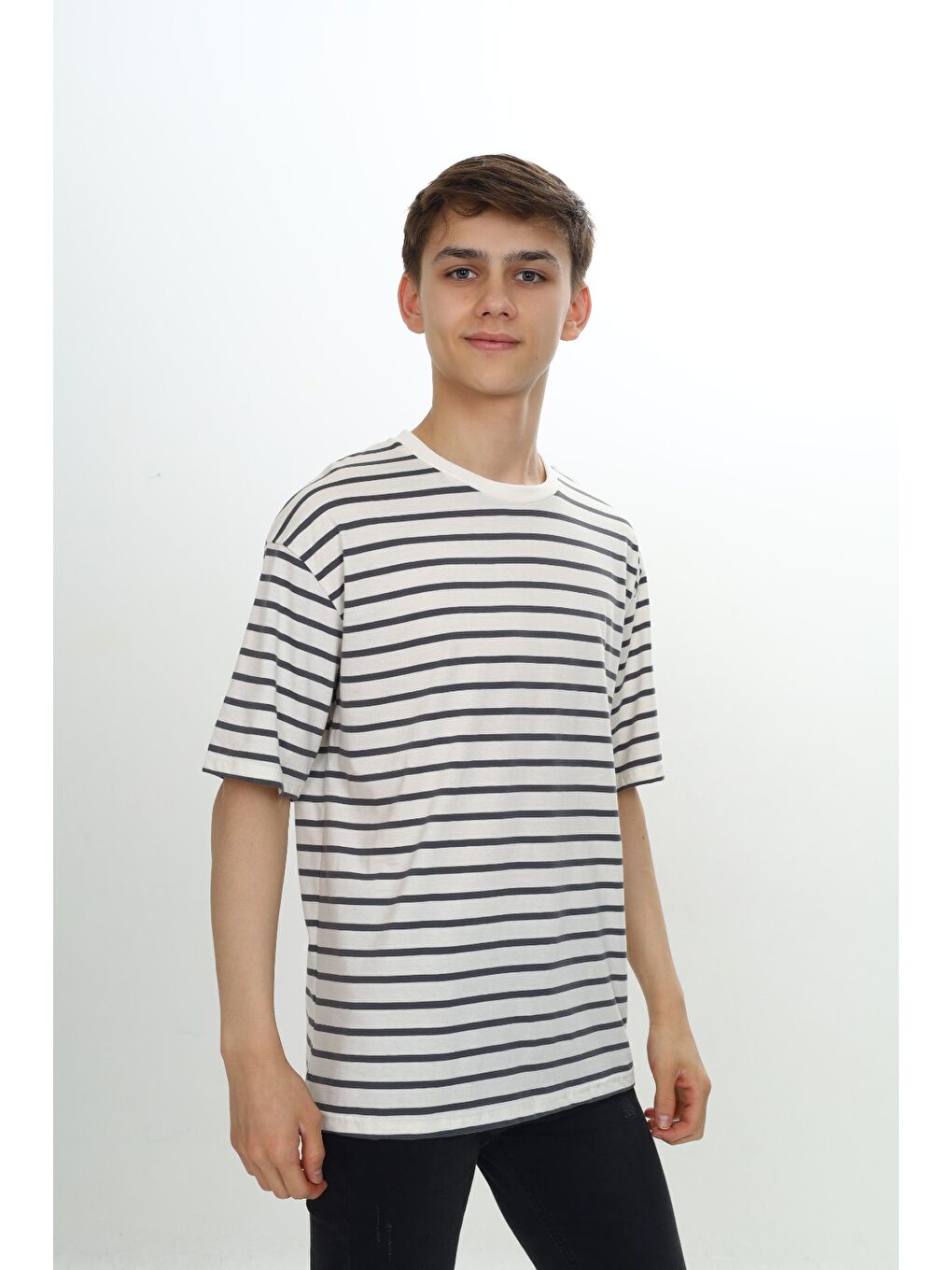 Beyaz Unisex Çocuk Çizgili Tişört-9