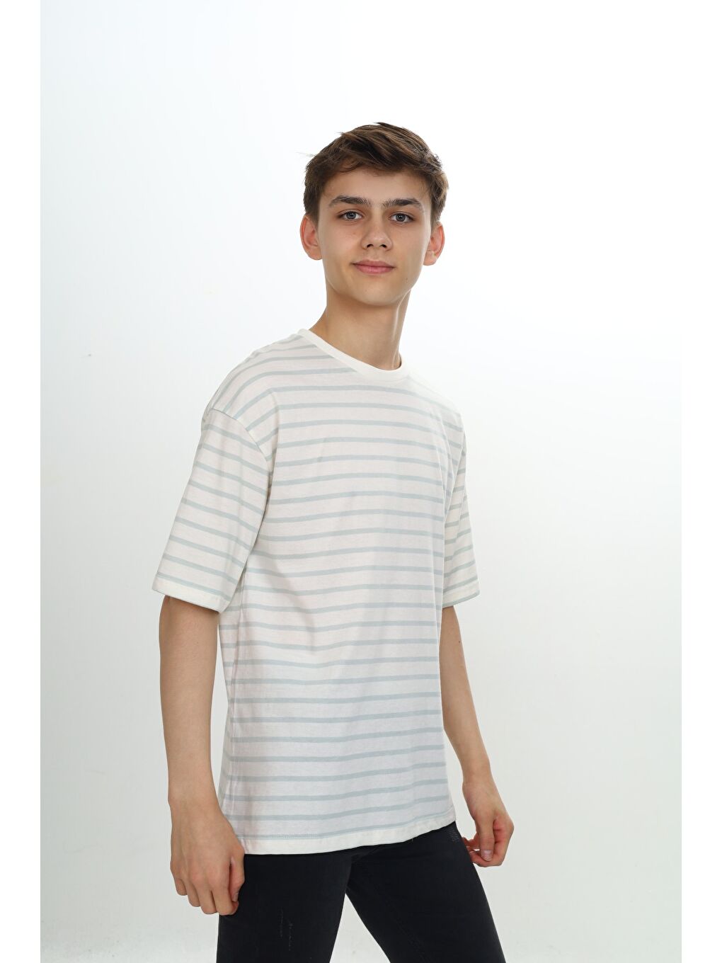 Gri Unisex Çocuk Çizgili Tişört-1