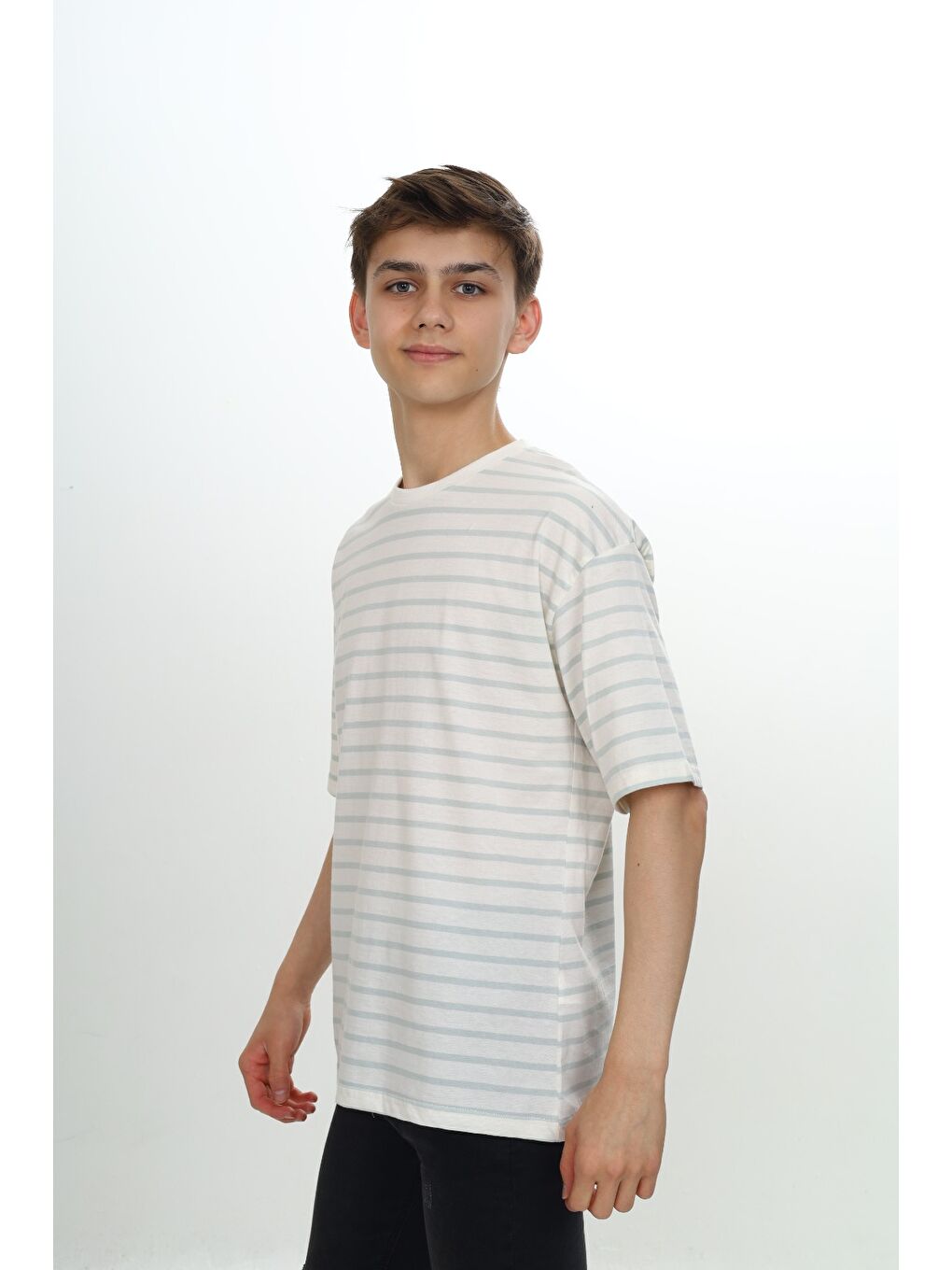 Gri Unisex Çocuk Çizgili Tişört-2