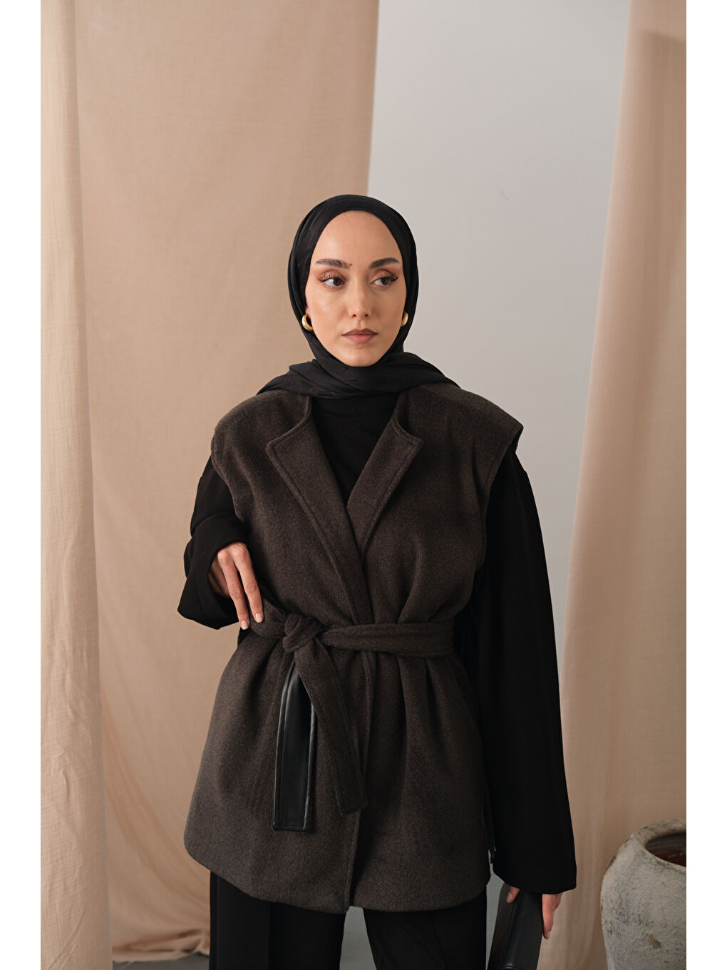 Kadın Bel Bağlamalı Kaşe Yelek Antrasit-1