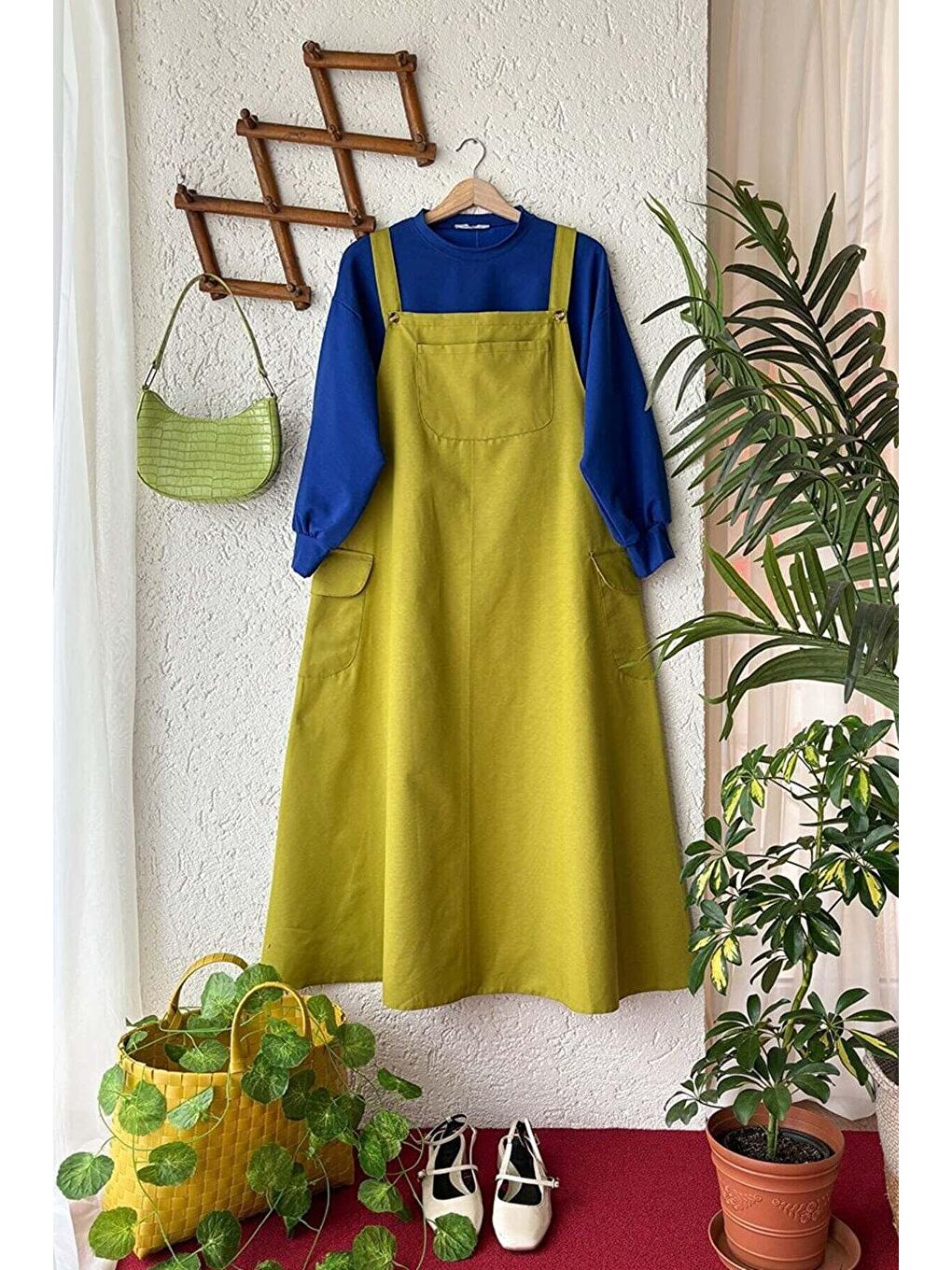 Yağ Yeşili Keten Etekli Salopet & Parlament Ahsen Crop