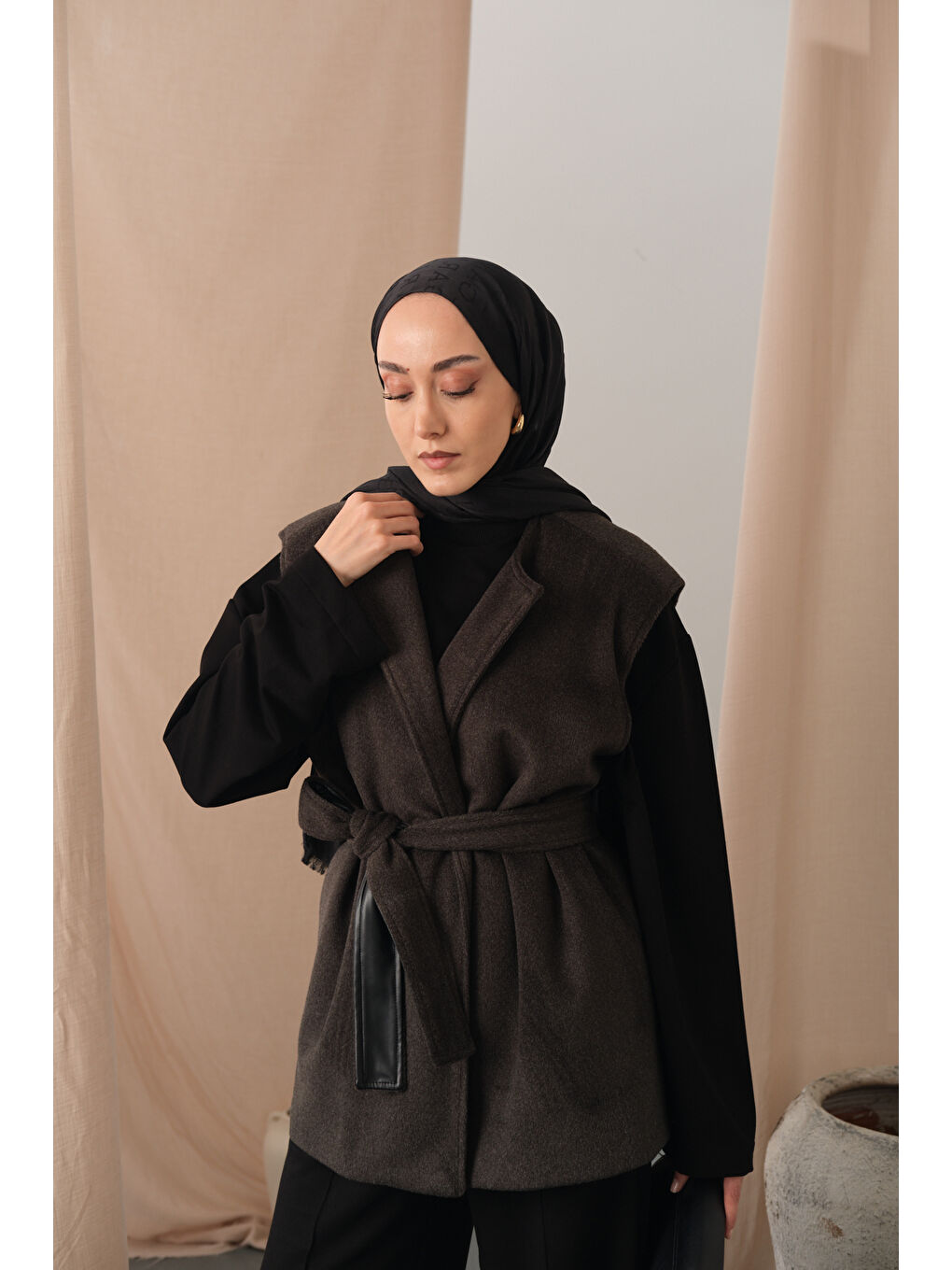 Kadın Bel Bağlamalı Kaşe Yelek Antrasit-2