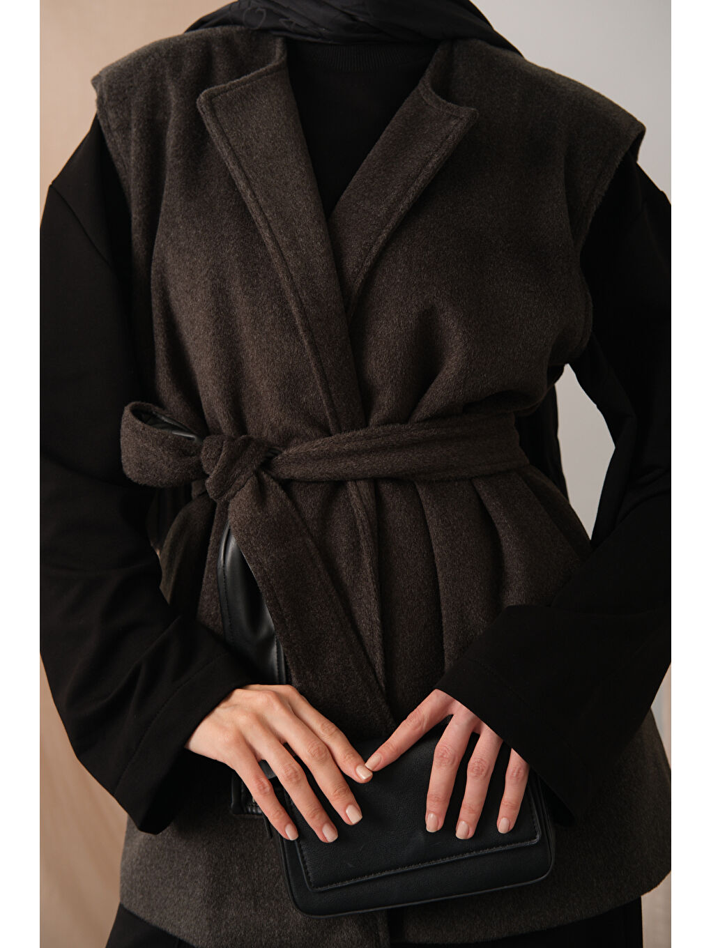 Kadın Bel Bağlamalı Kaşe Yelek Antrasit-3