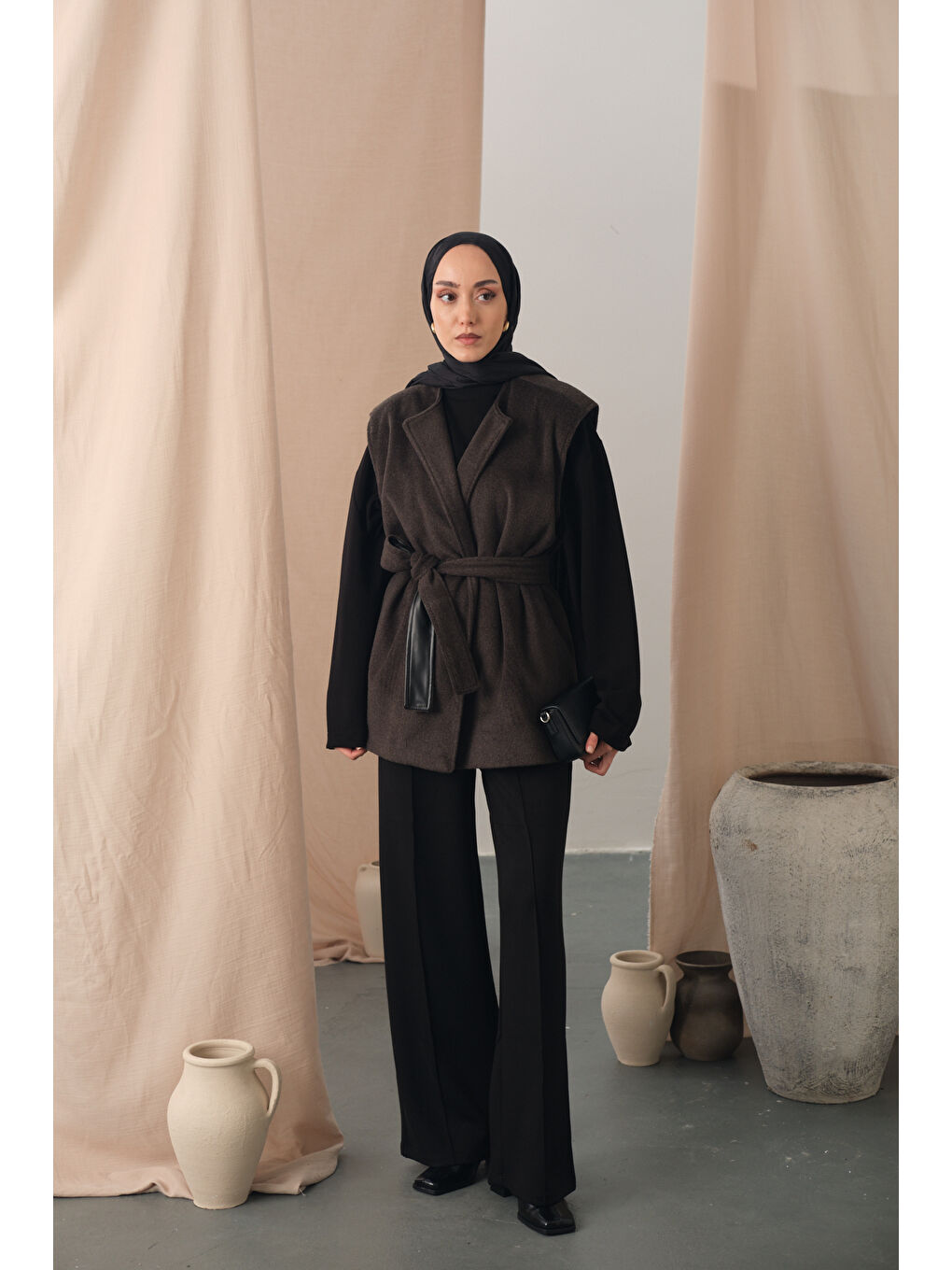 Kadın Bel Bağlamalı Kaşe Yelek Antrasit-4