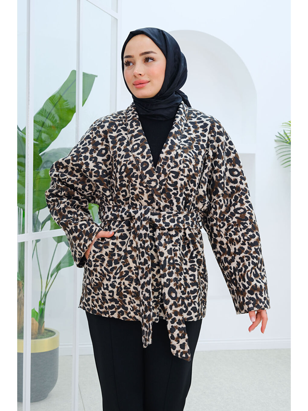 Locco Moda Bel Bağlamalı Leopar Desen Kaban Kahverengi - 1