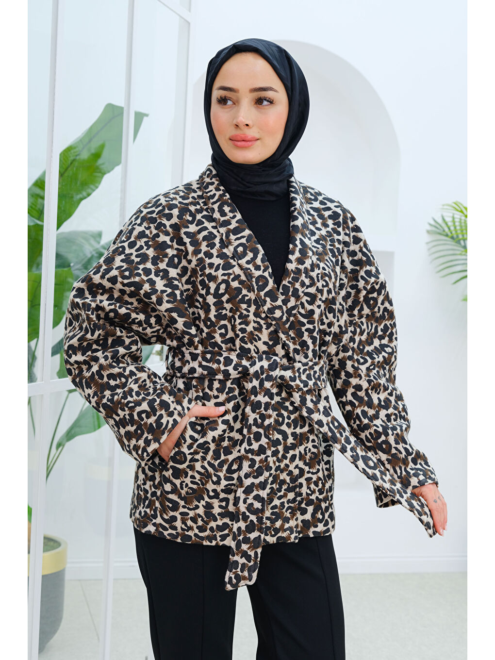 Locco Moda Bel Bağlamalı Leopar Desen Kaban Kahverengi - 4