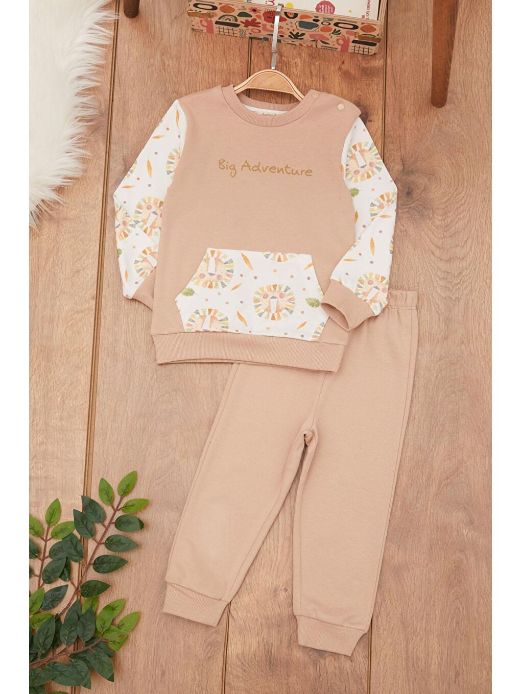 Ekru Krem Erkek Bebek Hayvan Desenli Kanguru Cepli Eşofman Takımı 17382