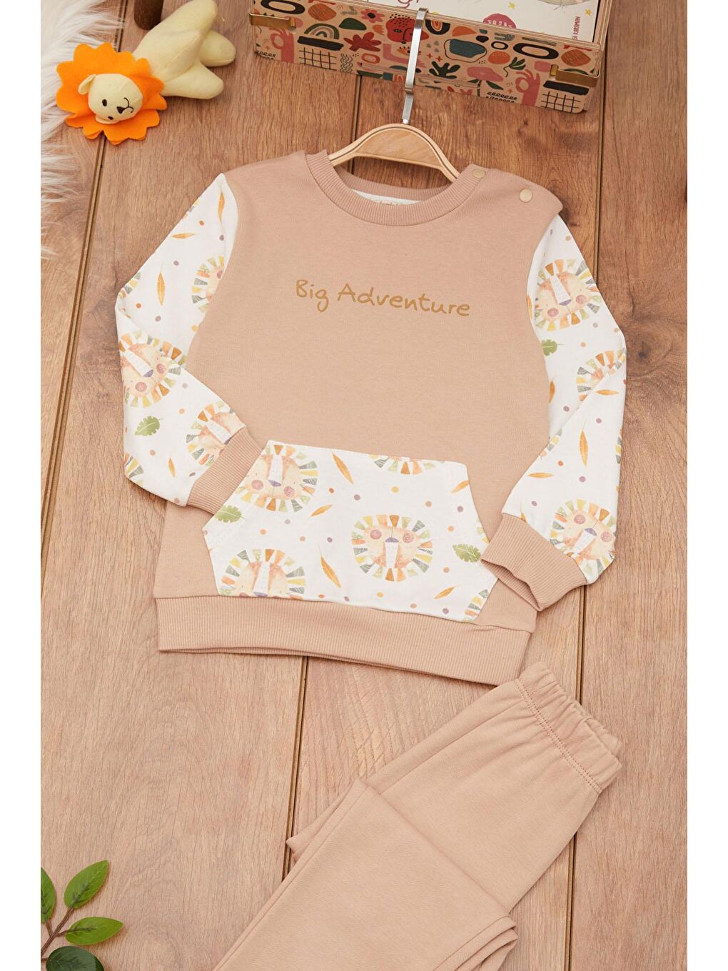 Ekru Krem Erkek Bebek Hayvan Desenli Kanguru Cepli Eşofman Takımı 17382-1