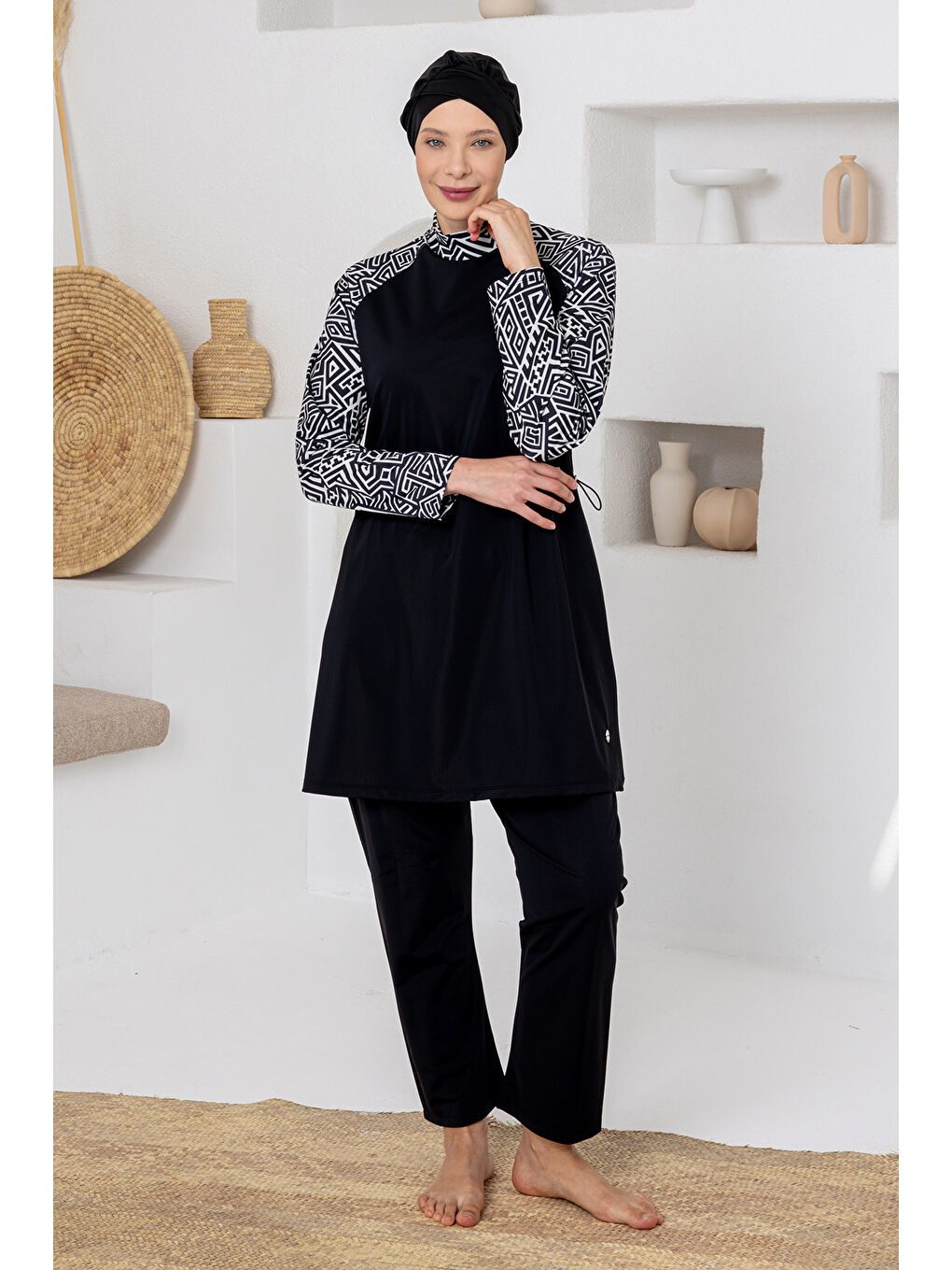UV Korumalı Büyük Beden Elastanlı Tam Kapalı Tesettür Mayo 1801 Siyah02