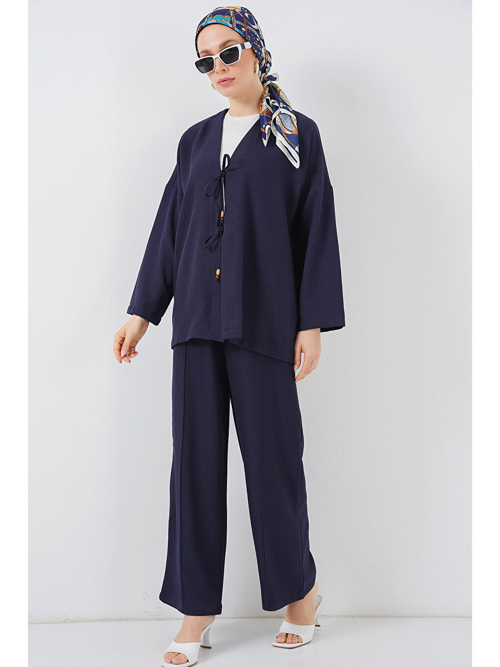 Kadın Keten Kimono İkili Takım 6727 - Lacivert