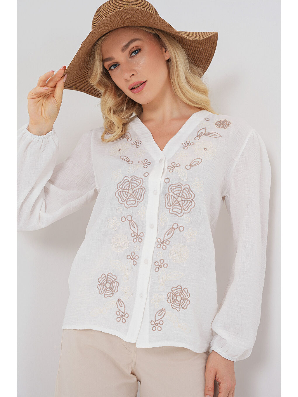 Kadın Nakışlı Uzun Kol Bluz 963 - Kahverengi-2