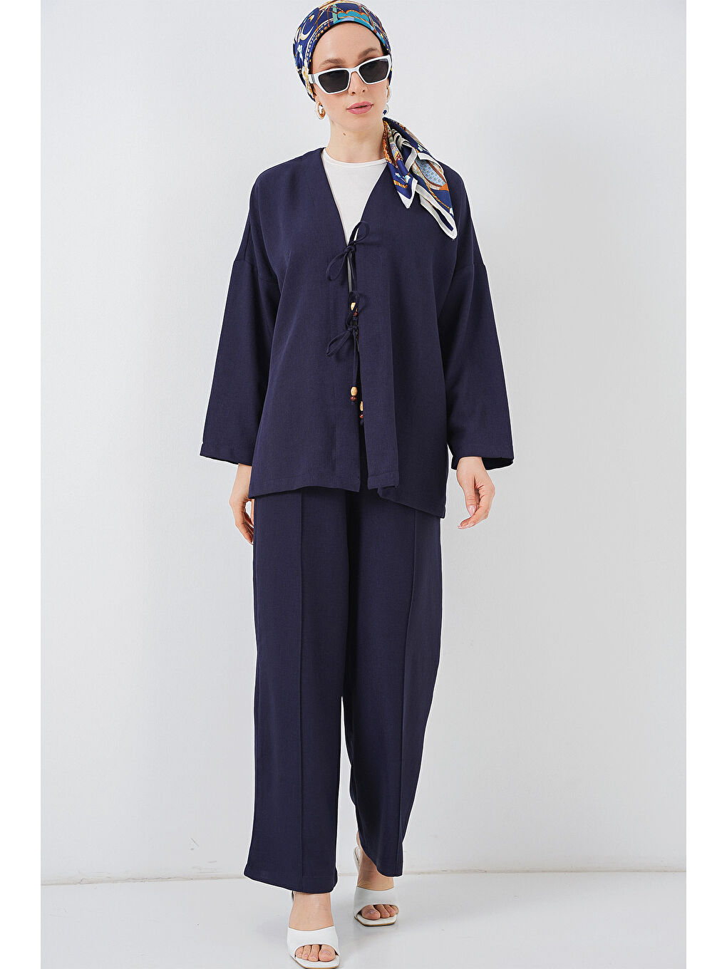 Kadın Keten Kimono İkili Takım 6727 - Lacivert-1