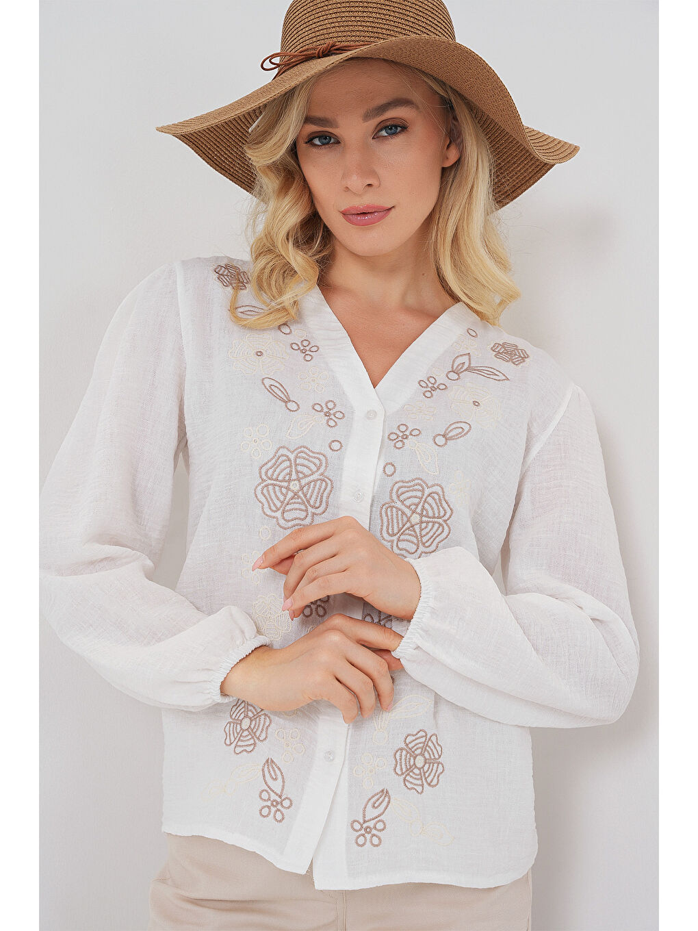 Kadın Nakışlı Uzun Kol Bluz 963 - Kahverengi-3