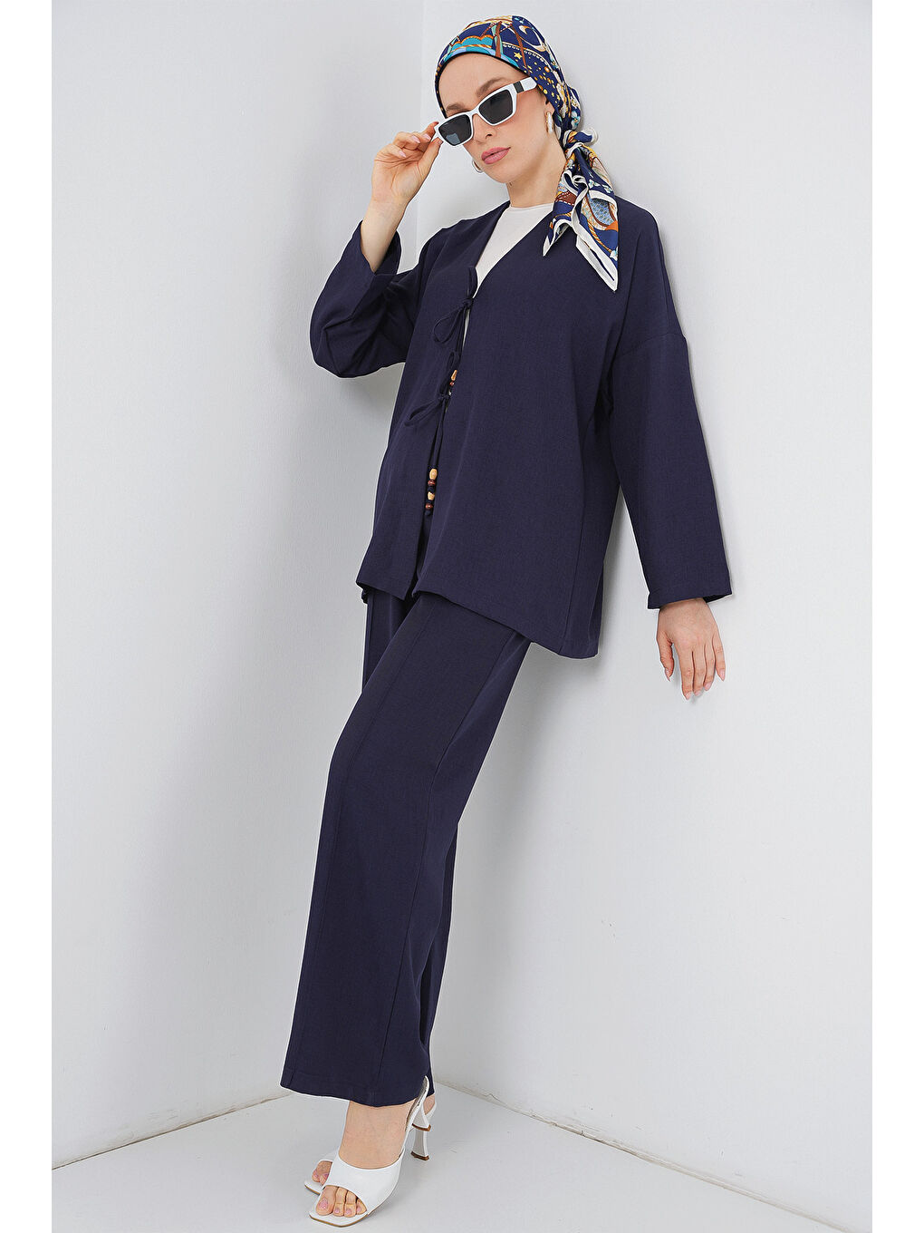 Kadın Keten Kimono İkili Takım 6727 - Lacivert-2