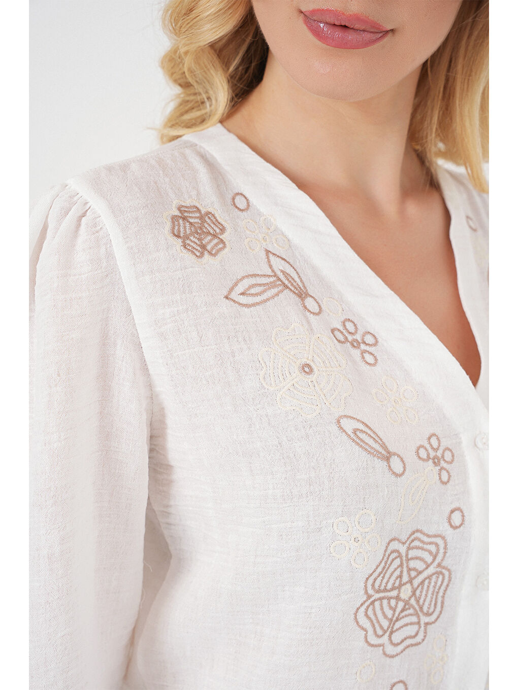 Kadın Nakışlı Uzun Kol Bluz 963 - Kahverengi-4