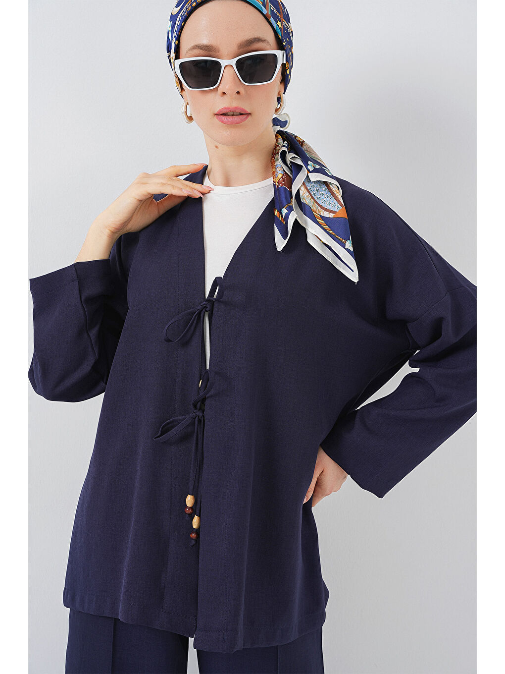 Kadın Keten Kimono İkili Takım 6727 - Lacivert-3