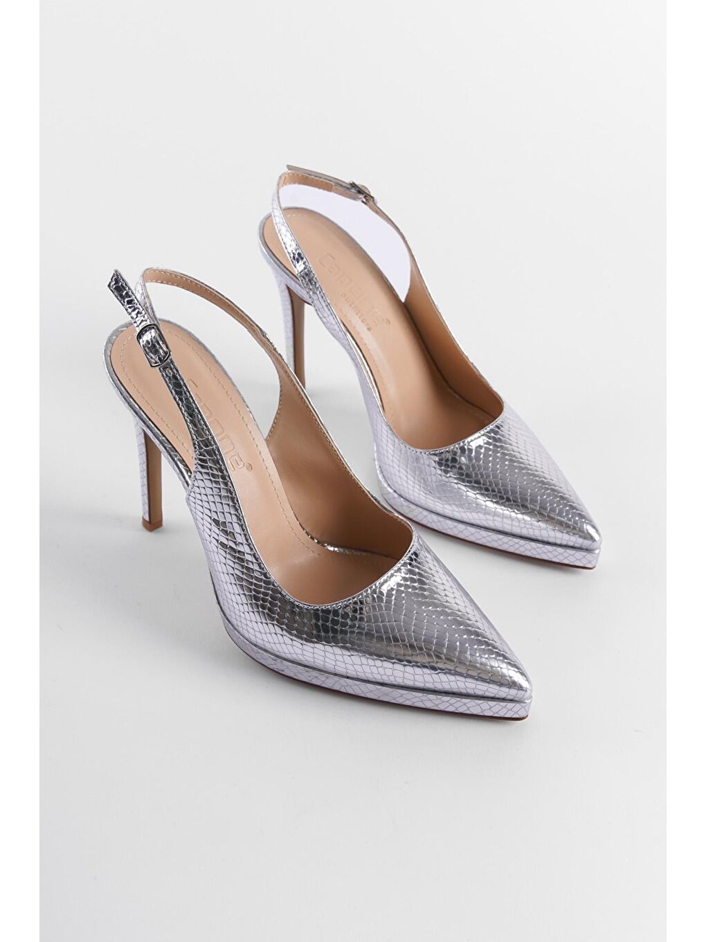 Gri Arkası Açık Sivri Burunlu Yüksek Topuklu  Platform  Kadın Ayakkabı-2