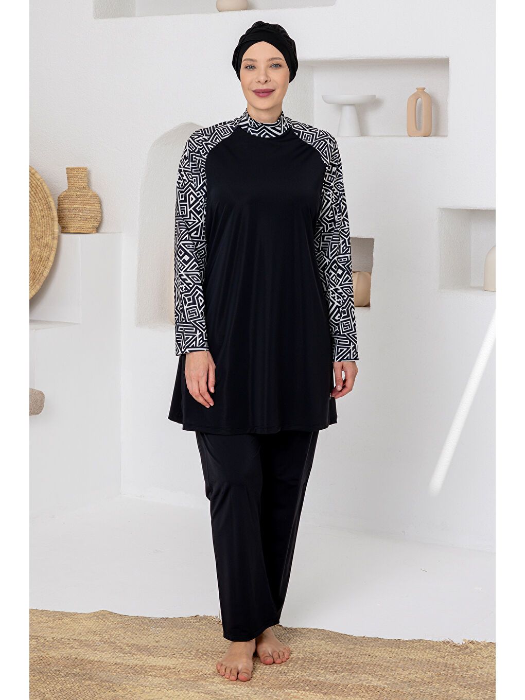 UV Korumalı Büyük Beden Elastanlı Tam Kapalı Tesettür Mayo 1801 Siyah02-2