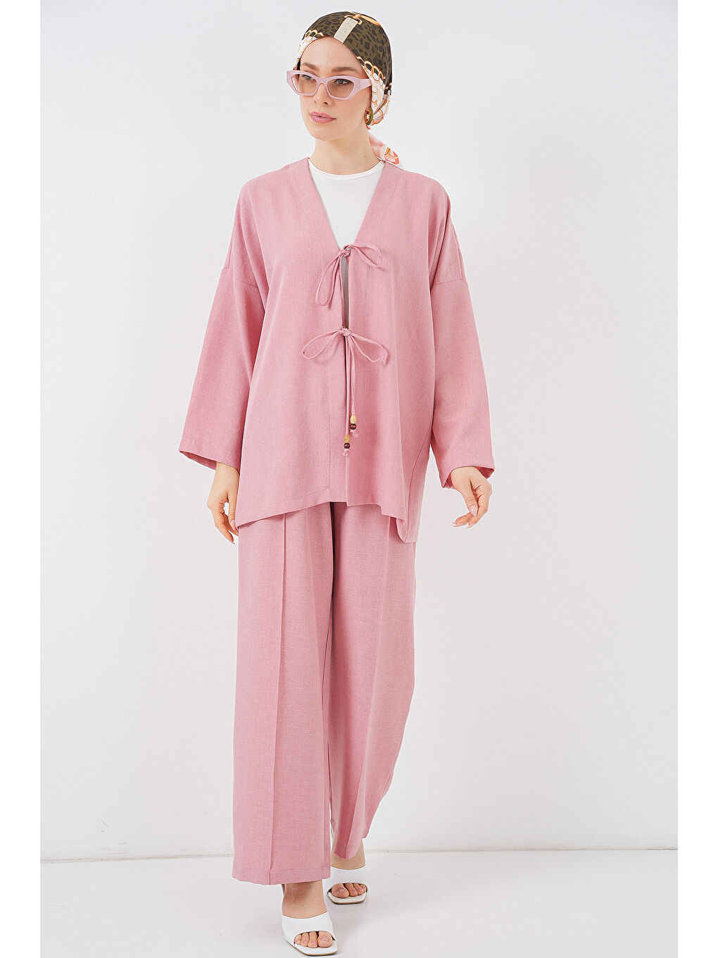 Pembe Kadın Keten Kimono İkili Takım 6727 - Gül Kurusu-1