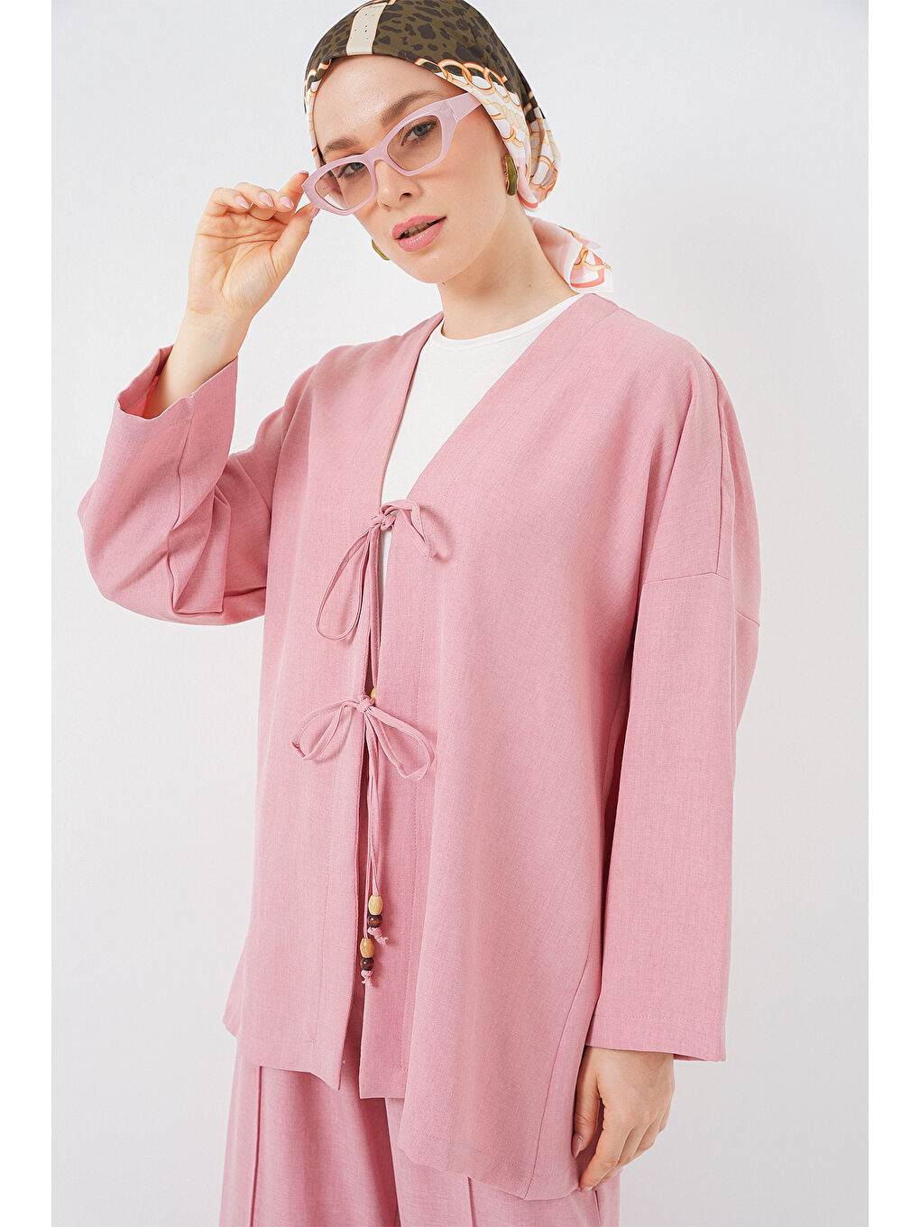 Pembe Kadın Keten Kimono İkili Takım 6727 - Gül Kurusu-2