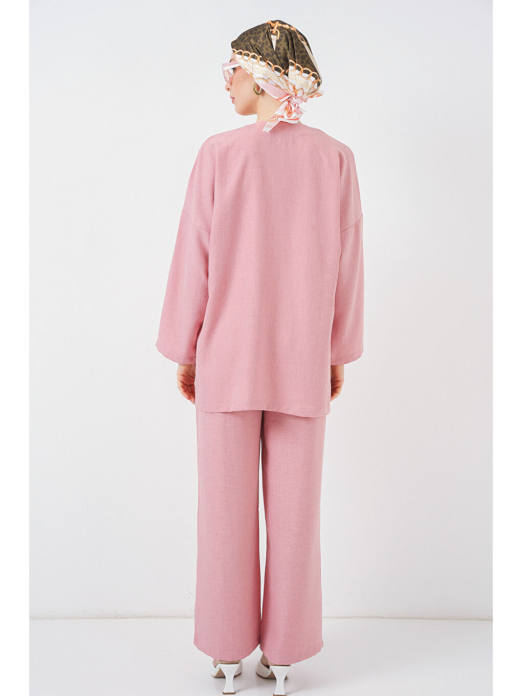 Pembe Kadın Keten Kimono İkili Takım 6727 - Gül Kurusu-5