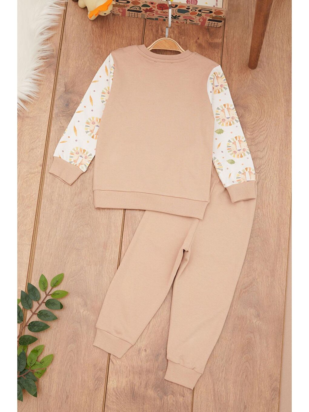 Ekru Krem Erkek Bebek Hayvan Desenli Kanguru Cepli Eşofman Takımı 17382-4