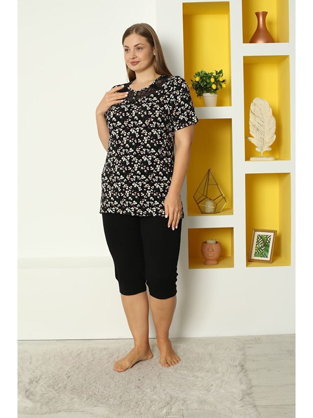 Siyah Elastanlı Esnek Kısa Kollu Dantel Detaylı Taytlı Büyük Beden Alt Üst Takım-2