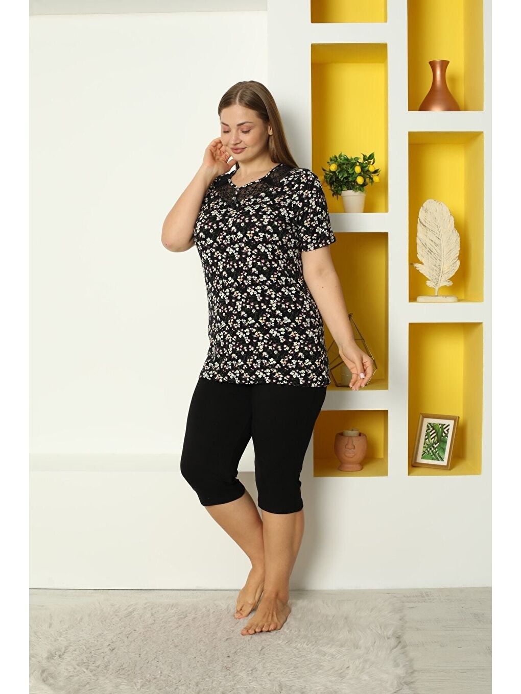 Siyah Elastanlı Esnek Kısa Kollu Dantel Detaylı Taytlı Büyük Beden Alt Üst Takım-3