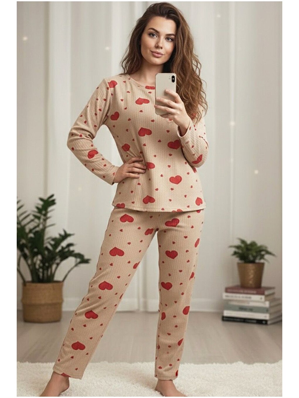 Karışık Yumuşak Tuşe Kışlık Fitilli Pamuklu Örme Pijama Takım 7977-1