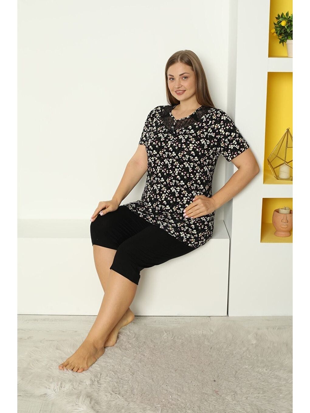 Siyah Elastanlı Esnek Kısa Kollu Dantel Detaylı Taytlı Büyük Beden Alt Üst Takım-4