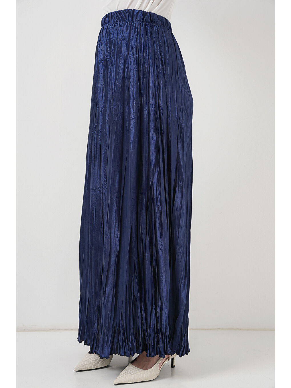 Kadın Uzun Kırışık Parlak Etek 8034 - D.Lacivert-3