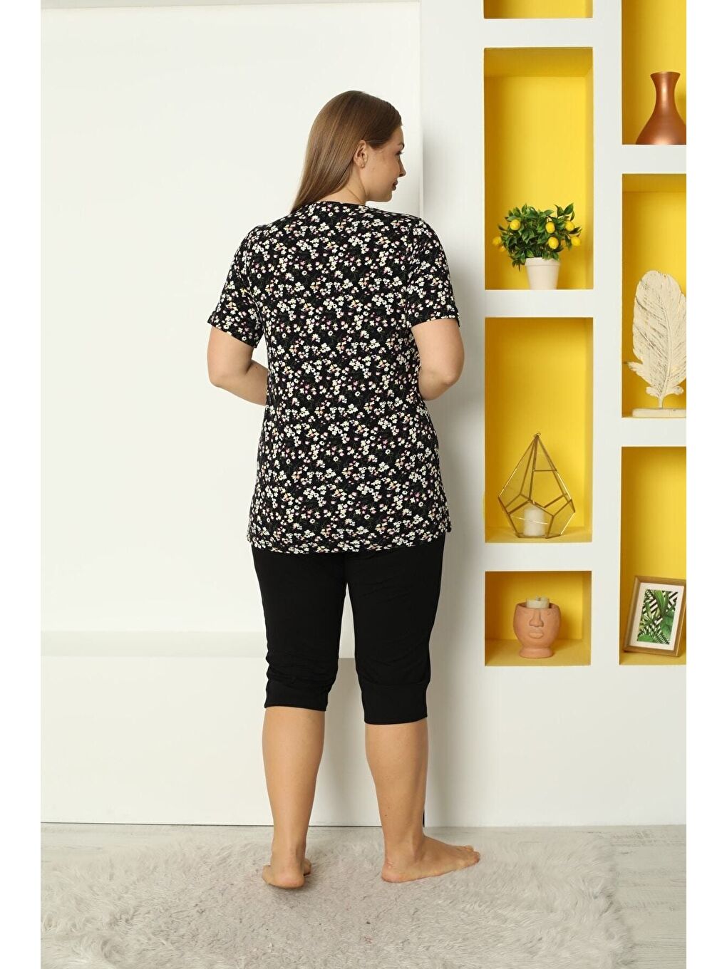 Siyah Elastanlı Esnek Kısa Kollu Dantel Detaylı Taytlı Büyük Beden Alt Üst Takım-5