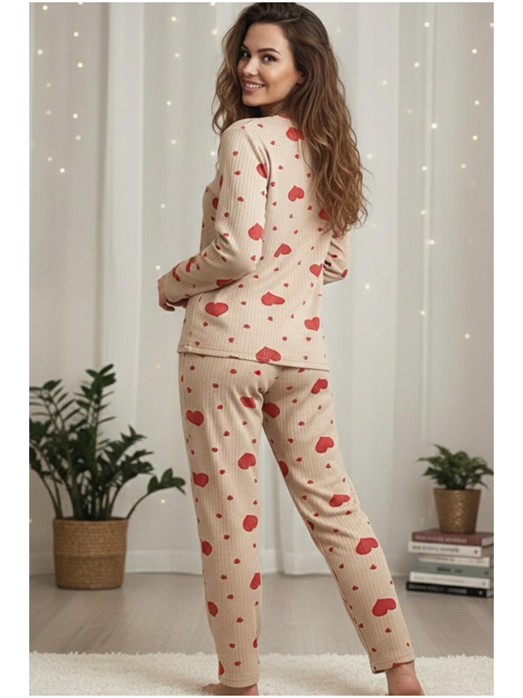 Karışık Yumuşak Tuşe Kışlık Fitilli Pamuklu Örme Pijama Takım 7977-2