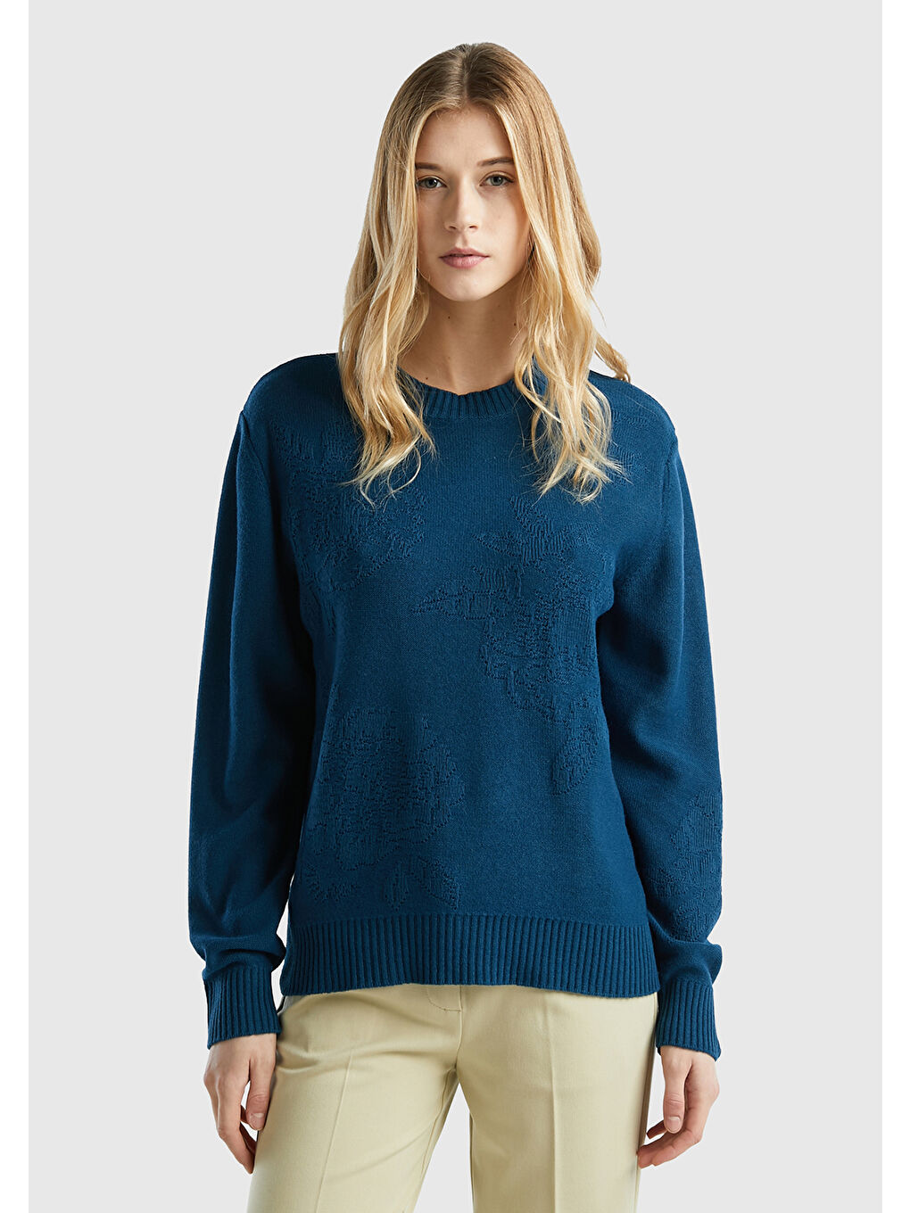 Kadın Petrol Mavisi Kaşmir ve Yün Karışımlı Baskılı Bisiklet Yaka Kazak