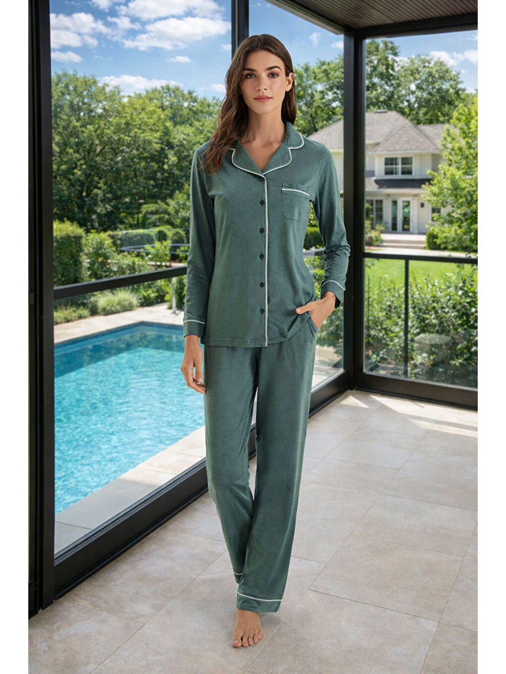 Kadın Modal Penye Uzun Kol Pijama Takımı 3307 Yeşil-1