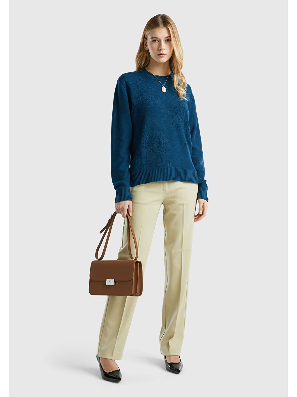 Kadın Petrol Mavisi Kaşmir ve Yün Karışımlı Baskılı Bisiklet Yaka Kazak-4