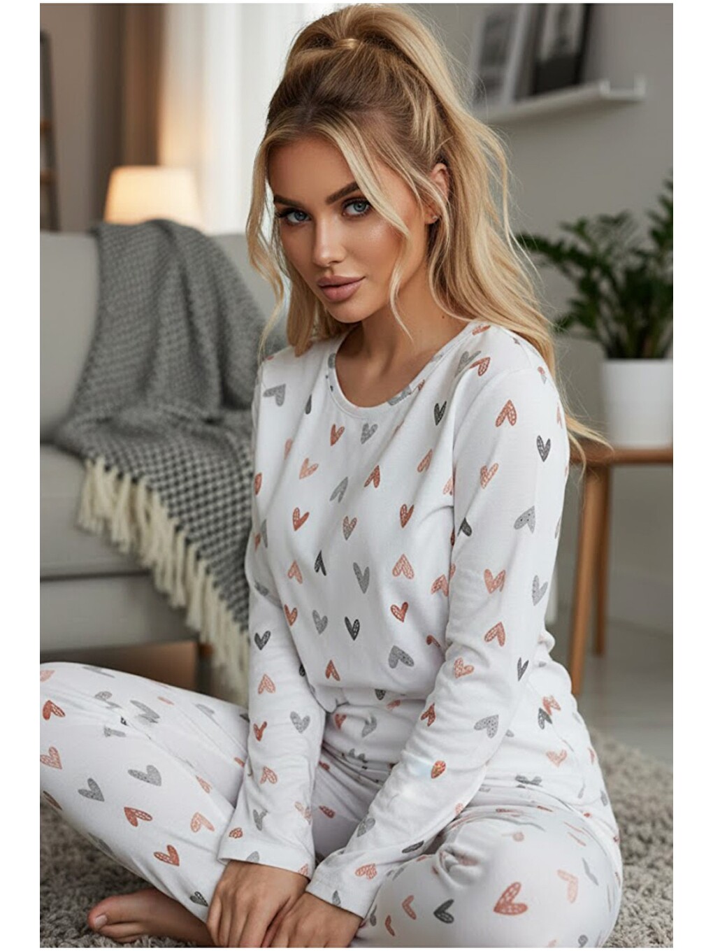 Karışık Mevsimlik İnce Bisiklet Yaka Örme Pijama Takım 7979