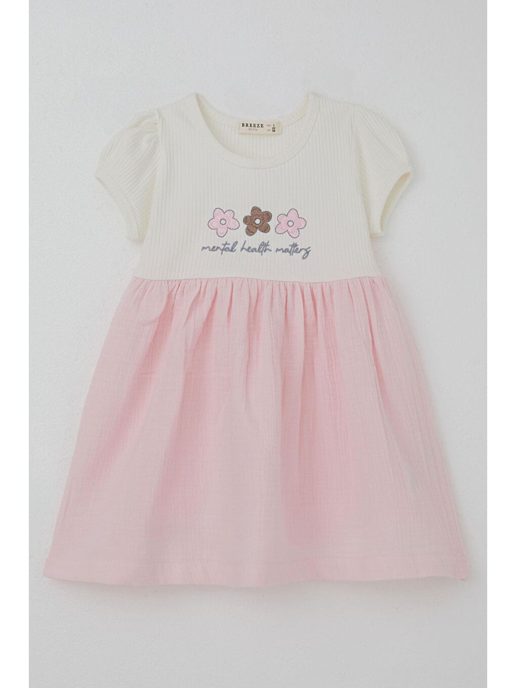 Kız Çocuk Elbise Çiçek & Yazı Nakışlı Ekru (3 Yaş)