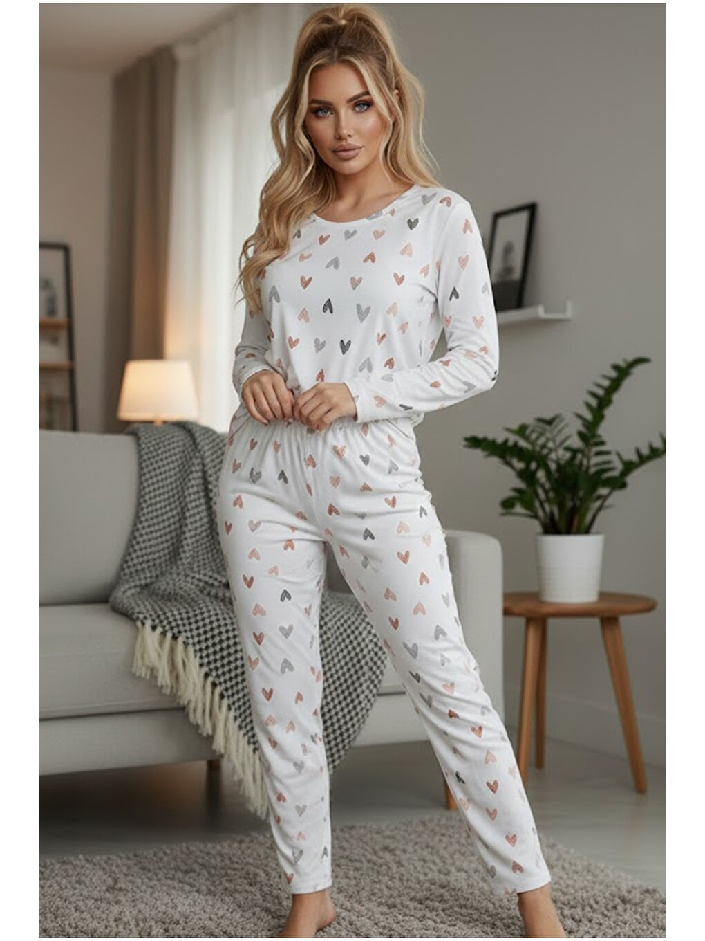 Karışık Mevsimlik İnce Bisiklet Yaka Örme Pijama Takım 7979-1