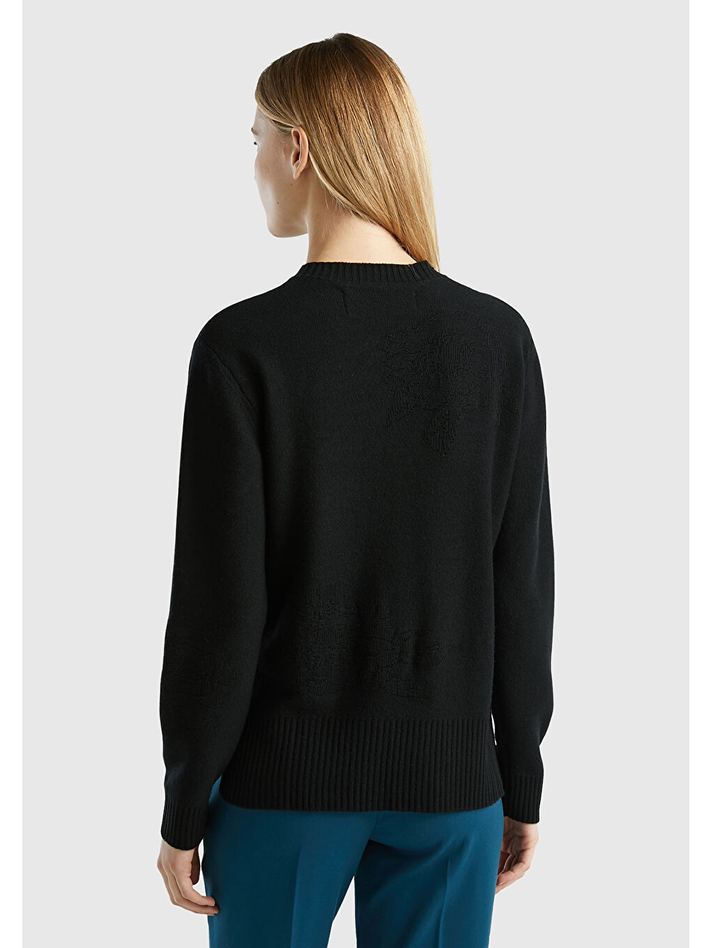 Kadın Siyah Kaşmir ve Yün Karışımlı Baskılı Bisiklet Yaka Kazak-2