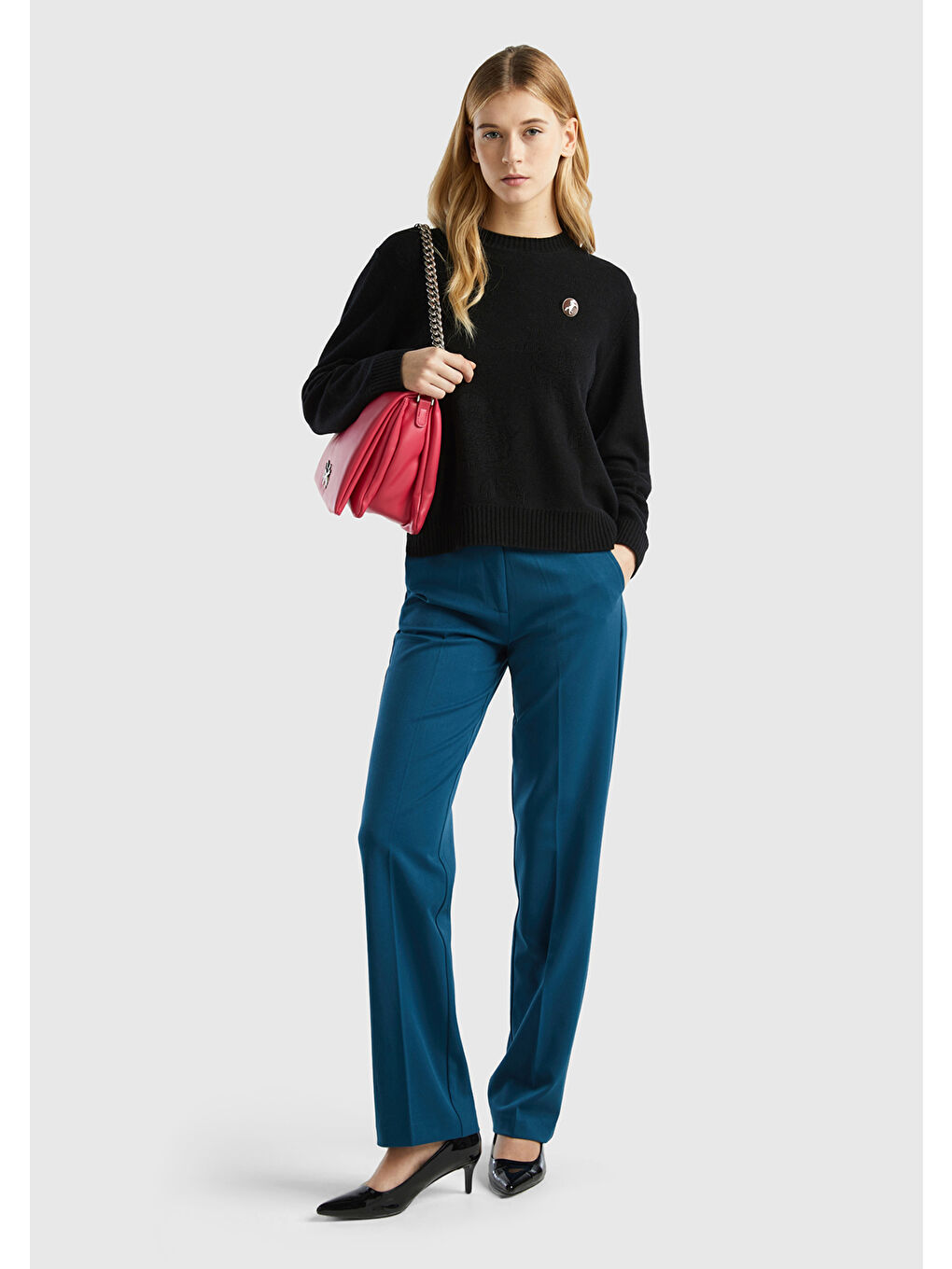 Kadın Siyah Kaşmir ve Yün Karışımlı Baskılı Bisiklet Yaka Kazak-4