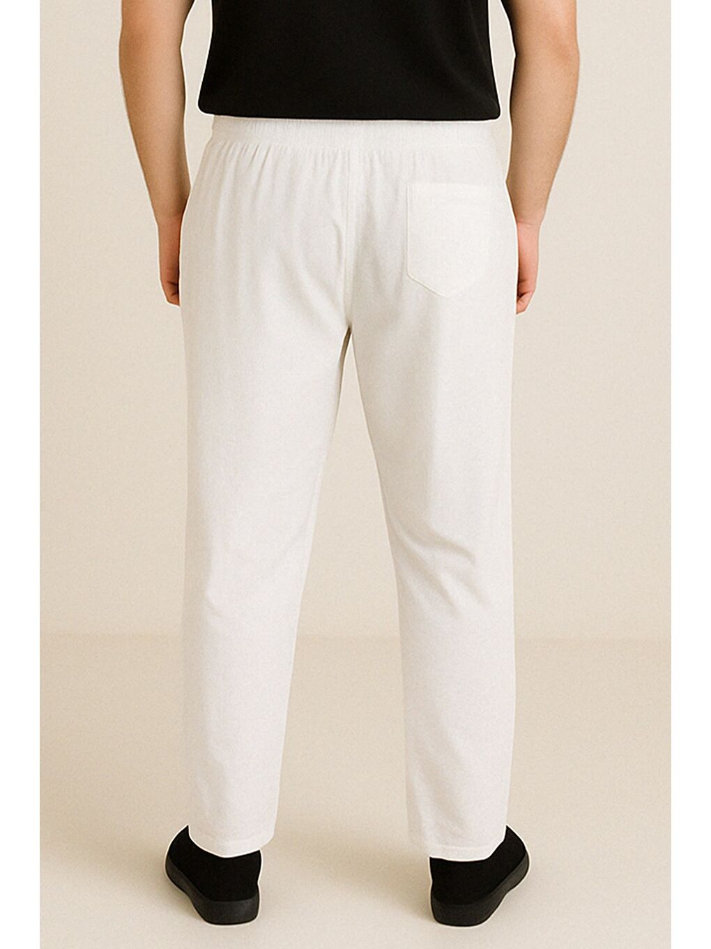Ekru Erkek Bel Bağlamalı Keten Jogger Pantolon-1
